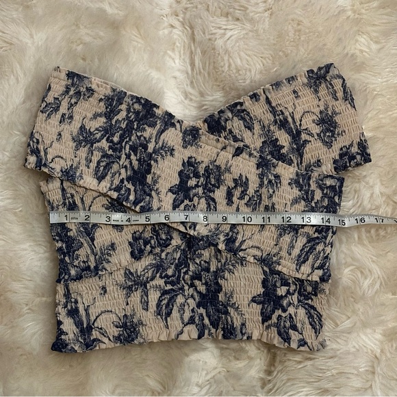 Express Blue Ivory Floral Smocked Off The Shoulder Wrap Cropped Top - Picture 8 of 12